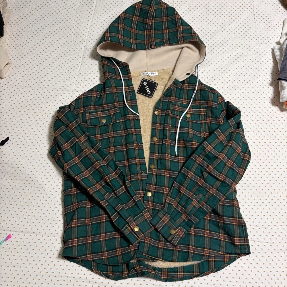 Green Plaid Hooded Shirt Jacket
